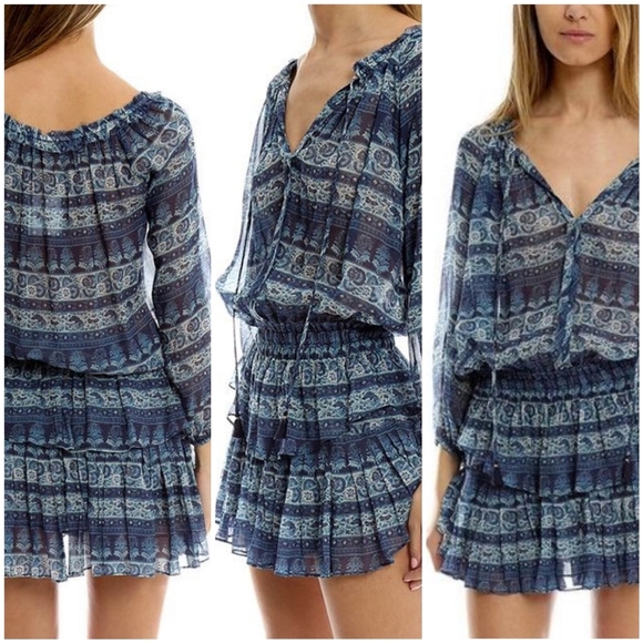 Loveshackfancy Popover Printed Silk Mini Dress Navy Blue Combo XS - Picture 3 of 16